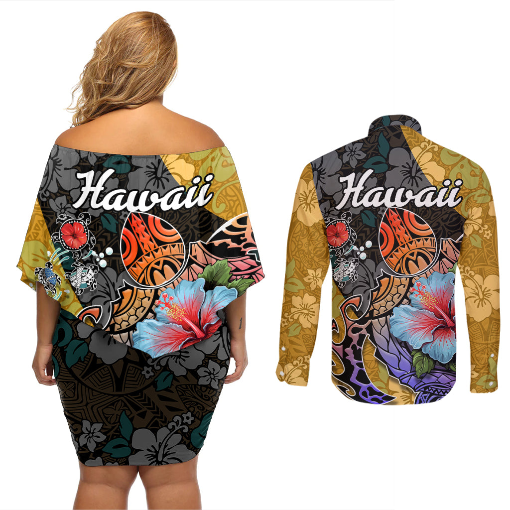 Hawaii Polynesian Couples Matching Off Shoulder Short Dress and Long Sleeve Button Shirts Turtles and Hibiscus Flower Gradient Pattern - Wonder Print Shop