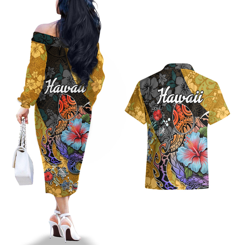 Hawaii Polynesian Couples Matching Off The Shoulder Long Sleeve Dress and Hawaiian Shirt Turtles and Hibiscus Flower Gradient Pattern - Wonder Print Shop