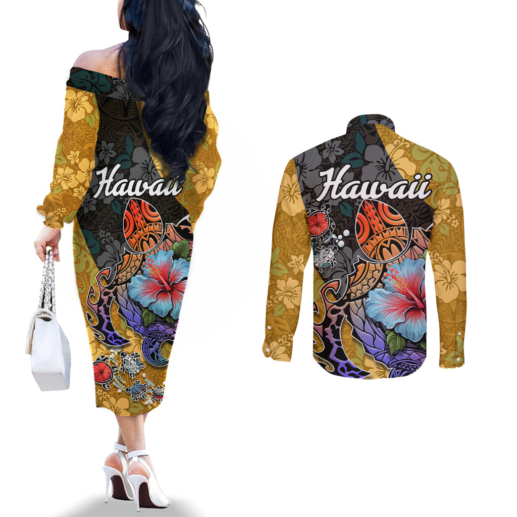 hawaii-polynesian-couples-matching-off-the-shoulder-long-sleeve-dress-and-long-sleeve-button-shirts-turtles-and-hibiscus-flower-gradient-pattern