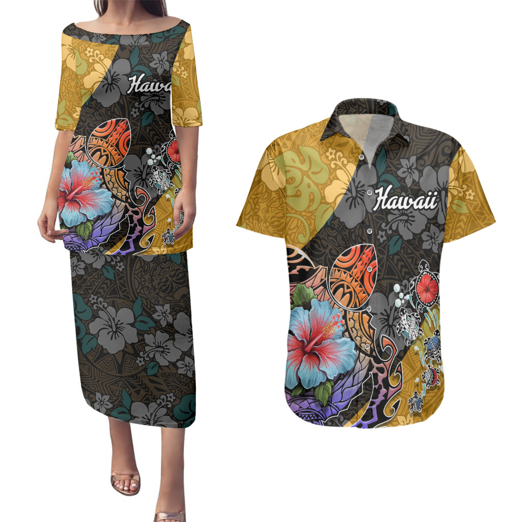 Hawaii Polynesian Couples Matching Puletasi Dress and Hawaiian Shirt Turtles and Hibiscus Flower Gradient Pattern - Wonder Print Shop