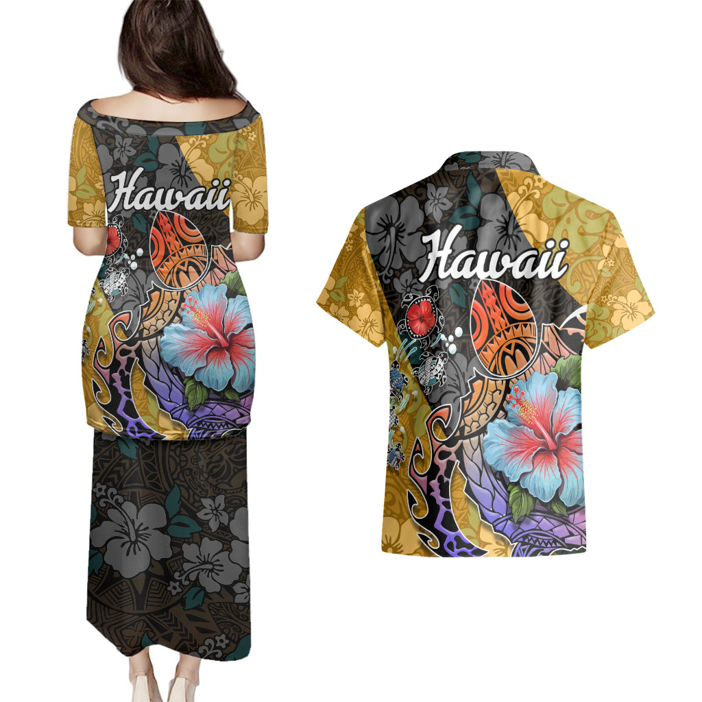 Hawaii Polynesian Couples Matching Puletasi Dress and Hawaiian Shirt Turtles and Hibiscus Flower Gradient Pattern - Wonder Print Shop