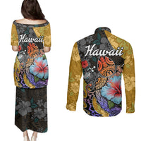 Hawaii Polynesian Couples Matching Puletasi Dress and Long Sleeve Button Shirts Turtles and Hibiscus Flower Gradient Pattern - Wonder Print Shop