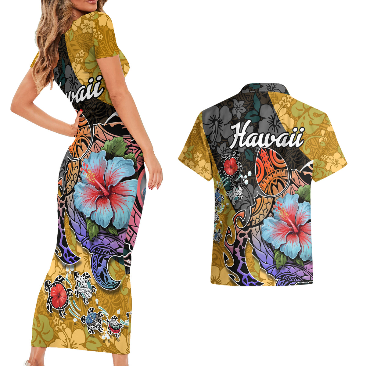 Hawaii Polynesian Couples Matching Short Sleeve Bodycon Dress and Hawaiian Shirt Turtles and Hibiscus Flower Gradient Pattern - Wonder Print Shop