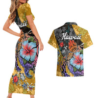 Hawaii Polynesian Couples Matching Short Sleeve Bodycon Dress and Hawaiian Shirt Turtles and Hibiscus Flower Gradient Pattern - Wonder Print Shop