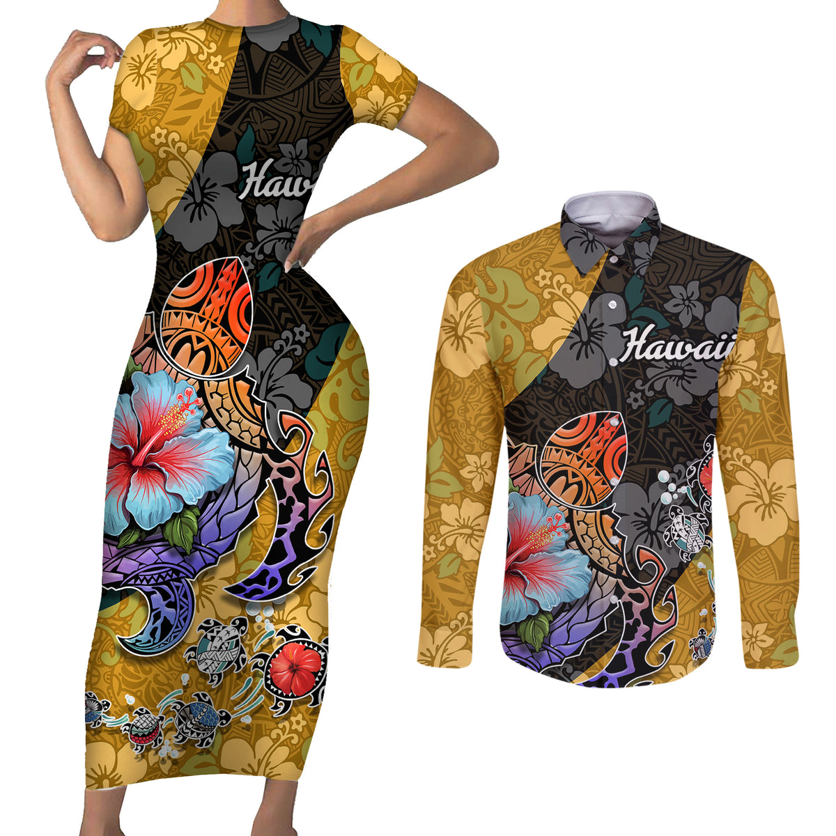 Hawaii Polynesian Couples Matching Short Sleeve Bodycon Dress and Long Sleeve Button Shirts Turtles and Hibiscus Flower Gradient Pattern - Wonder Print Shop