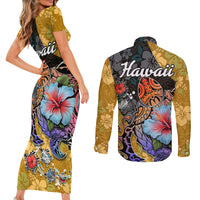 Hawaii Polynesian Couples Matching Short Sleeve Bodycon Dress and Long Sleeve Button Shirts Turtles and Hibiscus Flower Gradient Pattern - Wonder Print Shop