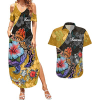 Hawaii Polynesian Couples Matching Summer Maxi Dress and Hawaiian Shirt Turtles and Hibiscus Flower Gradient Pattern - Wonder Print Shop