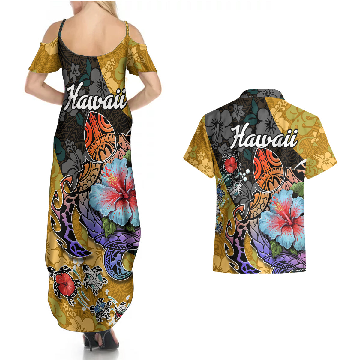 Hawaii Polynesian Couples Matching Summer Maxi Dress and Hawaiian Shirt Turtles and Hibiscus Flower Gradient Pattern - Wonder Print Shop