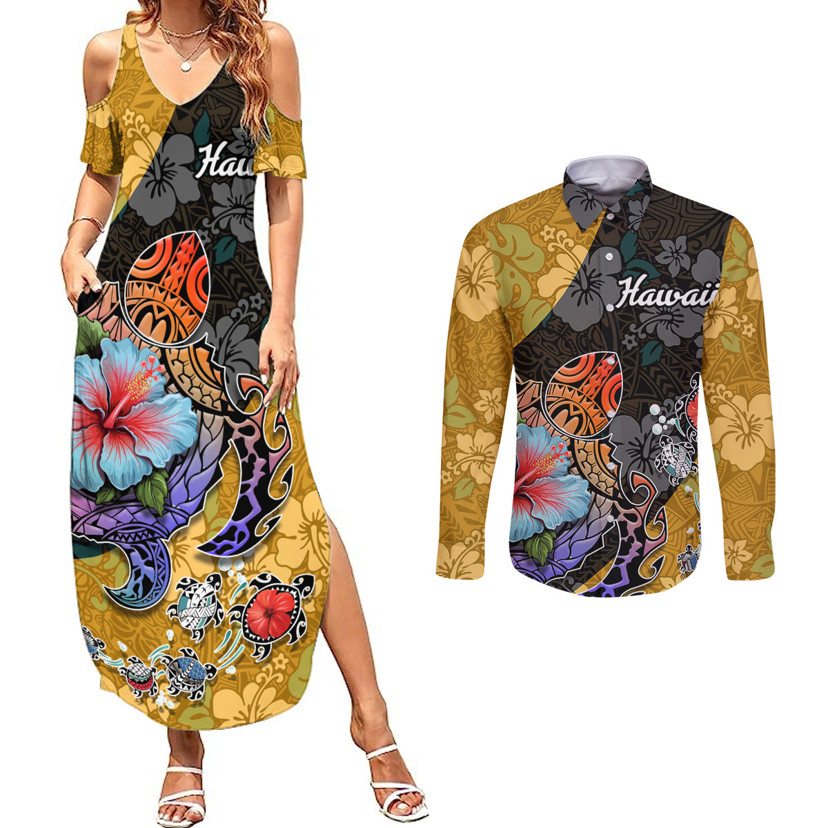 Hawaii Polynesian Couples Matching Summer Maxi Dress and Long Sleeve Button Shirts Turtles and Hibiscus Flower Gradient Pattern - Wonder Print Shop