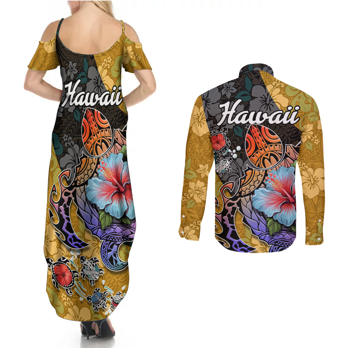 Hawaii Polynesian Couples Matching Summer Maxi Dress and Long Sleeve Button Shirts Turtles and Hibiscus Flower Gradient Pattern - Wonder Print Shop