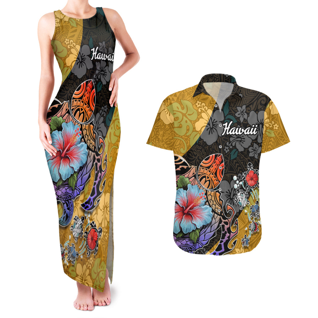 Hawaii Polynesian Couples Matching Tank Maxi Dress and Hawaiian Shirt Turtles and Hibiscus Flower Gradient Pattern - Wonder Print Shop