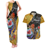 Hawaii Polynesian Couples Matching Tank Maxi Dress and Hawaiian Shirt Turtles and Hibiscus Flower Gradient Pattern - Wonder Print Shop