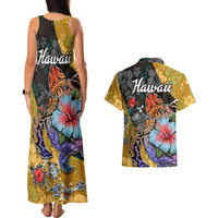 Hawaii Polynesian Couples Matching Tank Maxi Dress and Hawaiian Shirt Turtles and Hibiscus Flower Gradient Pattern - Wonder Print Shop