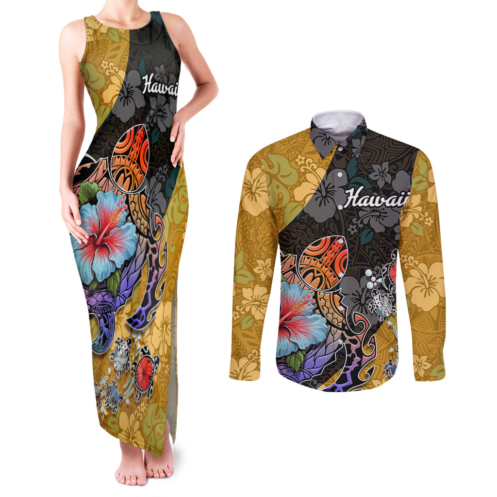 Hawaii Polynesian Couples Matching Tank Maxi Dress and Long Sleeve Button Shirts Turtles and Hibiscus Flower Gradient Pattern - Wonder Print Shop
