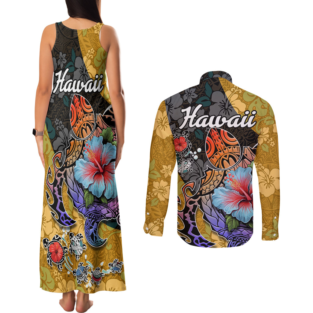 Hawaii Polynesian Couples Matching Tank Maxi Dress and Long Sleeve Button Shirts Turtles and Hibiscus Flower Gradient Pattern - Wonder Print Shop