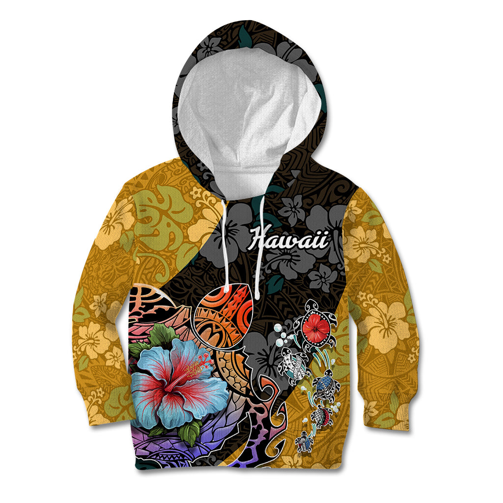 Hawaii Polynesian Kid Hoodie Turtles and Hibiscus Flower Gradient Pattern - Wonder Print Shop