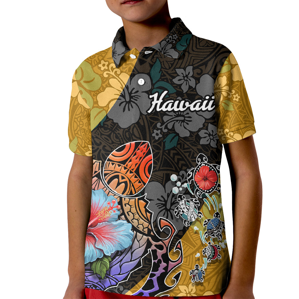 Hawaii Polynesian Kid Polo Shirt Turtles and Hibiscus Flower Gradient Pattern - Wonder Print Shop