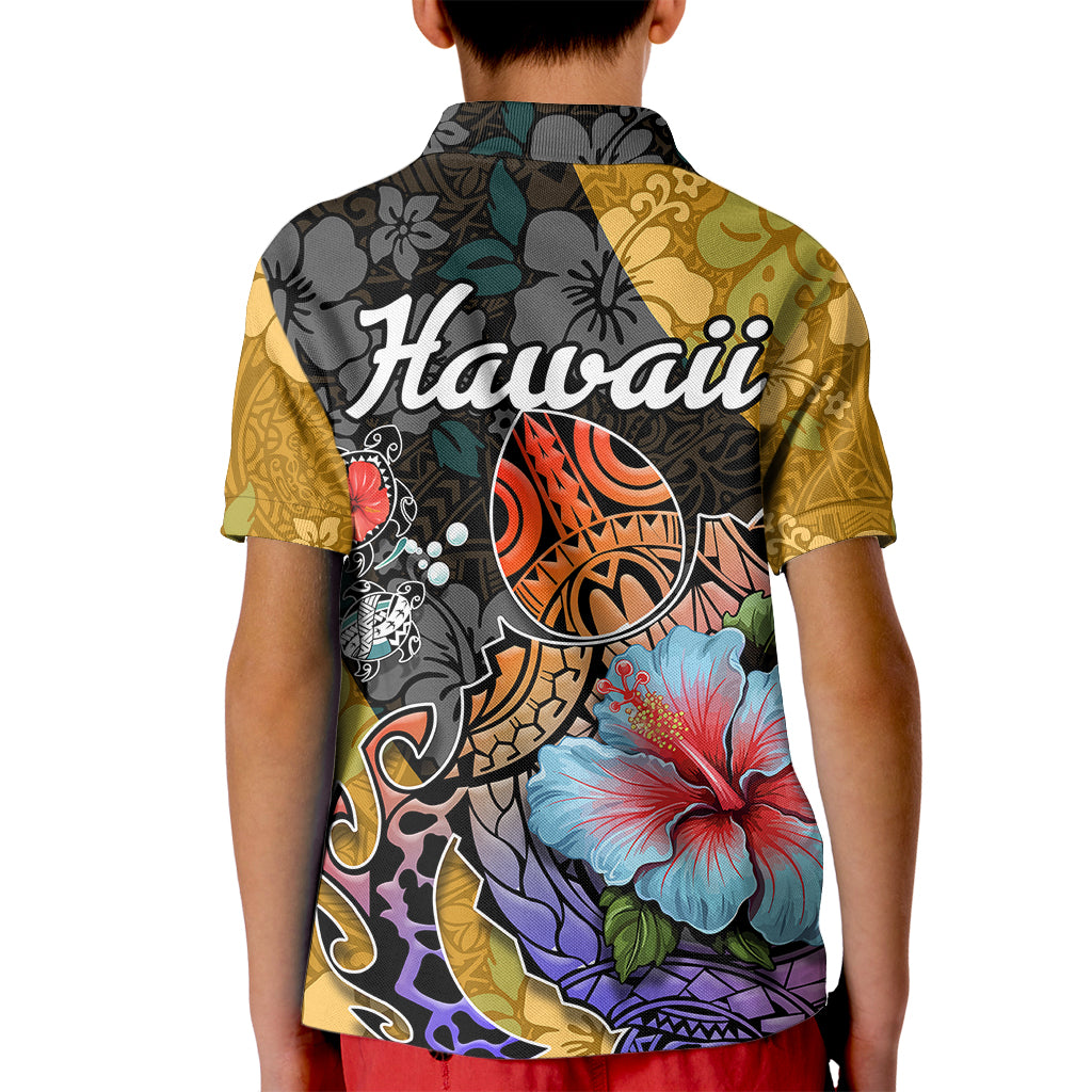 Hawaii Polynesian Kid Polo Shirt Turtles and Hibiscus Flower Gradient Pattern - Wonder Print Shop