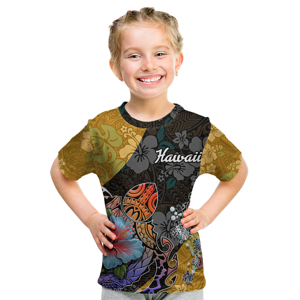 Hawaii Polynesian Kid T Shirt Turtles and Hibiscus Flower Gradient Pattern - Wonder Print Shop