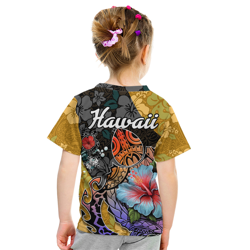 Hawaii Polynesian Kid T Shirt Turtles and Hibiscus Flower Gradient Pattern - Wonder Print Shop