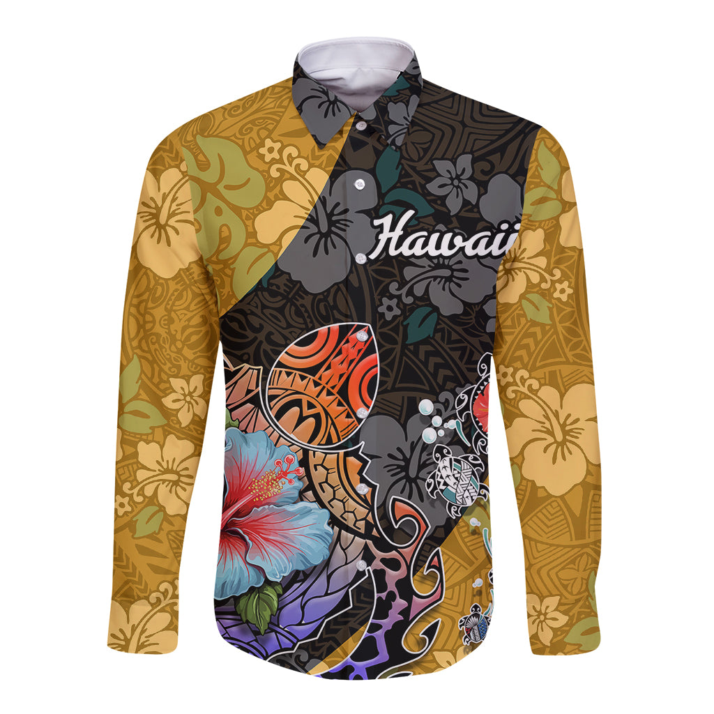 Hawaii Polynesian Long Sleeve Button Shirt Turtles and Hibiscus Flower Gradient Pattern - Wonder Print Shop