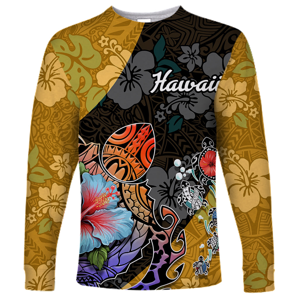 Hawaii Polynesian Long Sleeve Shirt Turtles and Hibiscus Flower Gradient Pattern - Wonder Print Shop
