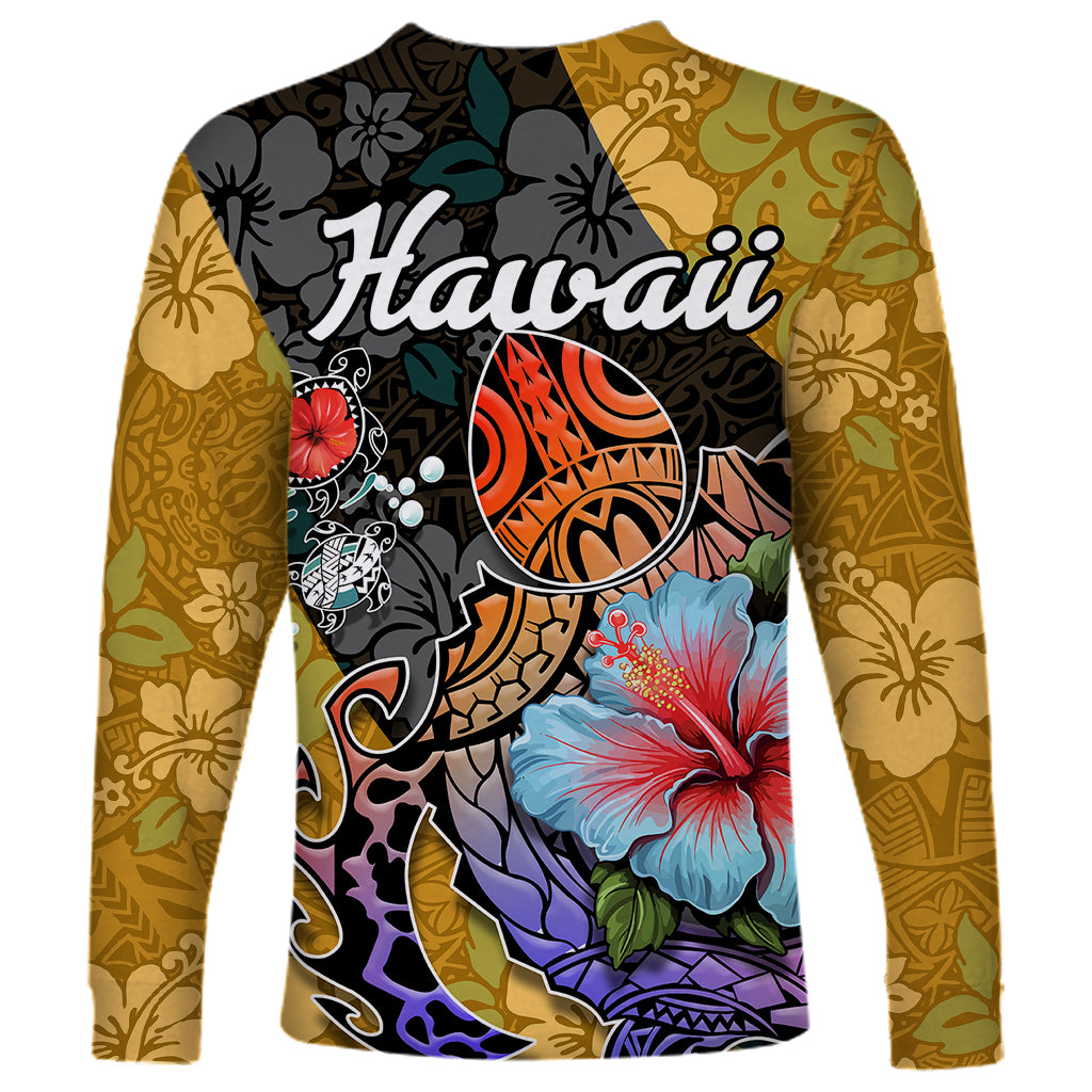 Hawaii Polynesian Long Sleeve Shirt Turtles and Hibiscus Flower Gradient Pattern - Wonder Print Shop