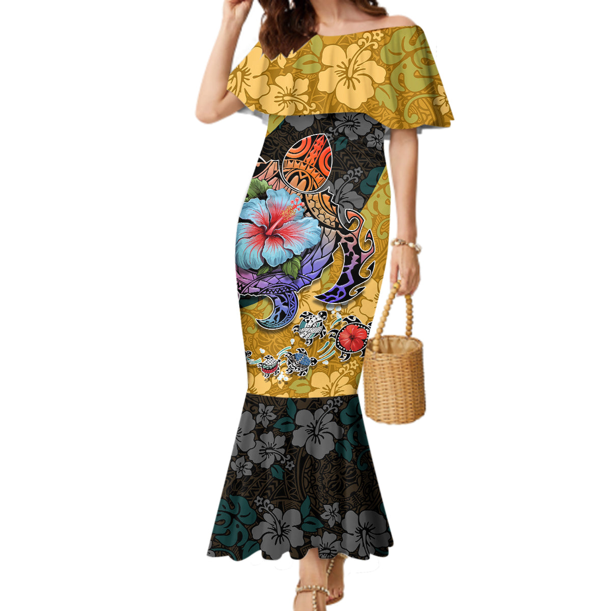 Hawaii Polynesian Mermaid Dress Turtles and Hibiscus Flower Gradient Pattern - Wonder Print Shop