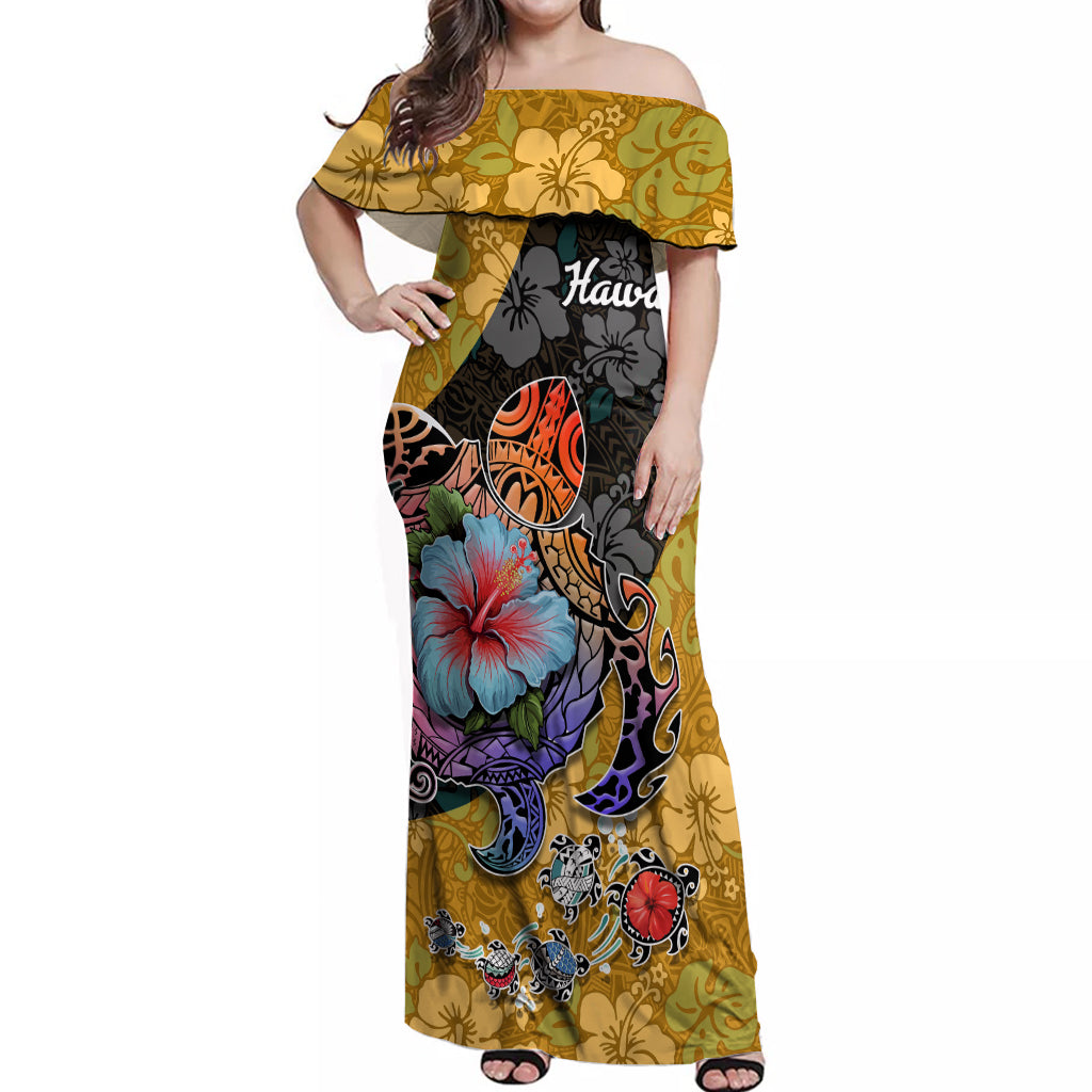Hawaii Polynesian Off Shoulder Maxi Dress Turtles and Hibiscus Flower Gradient Pattern - Wonder Print Shop