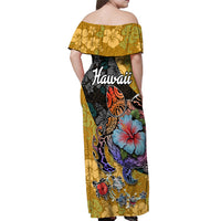 Hawaii Polynesian Off Shoulder Maxi Dress Turtles and Hibiscus Flower Gradient Pattern - Wonder Print Shop