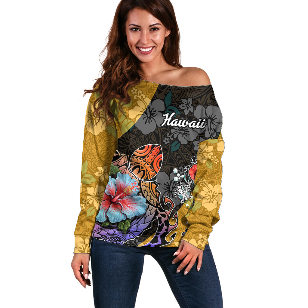 Hawaii Polynesian Off Shoulder Sweater Turtles and Hibiscus Flower Gradient Pattern - Wonder Print Shop