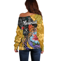 Hawaii Polynesian Off Shoulder Sweater Turtles and Hibiscus Flower Gradient Pattern - Wonder Print Shop
