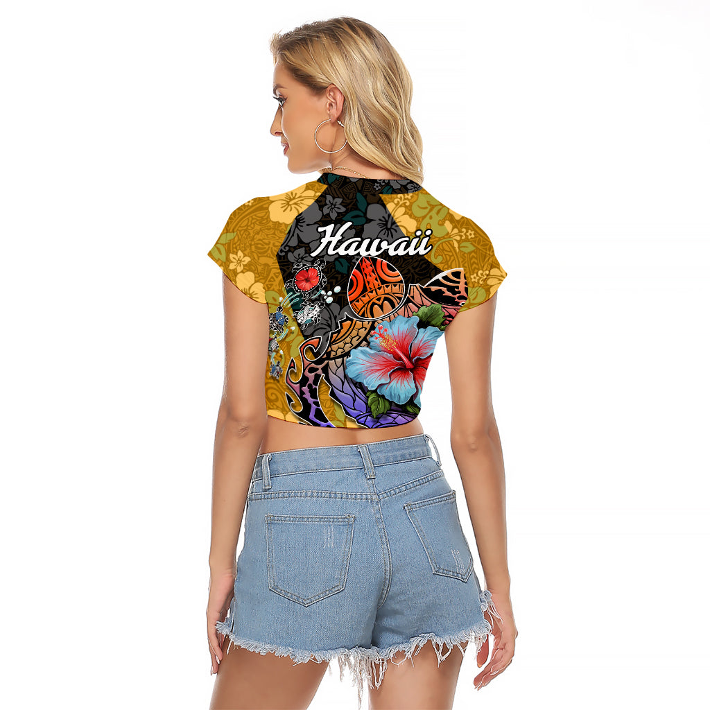 Hawaii Polynesian Raglan Cropped T Shirt Turtles and Hibiscus Flower Gradient Pattern - Wonder Print Shop
