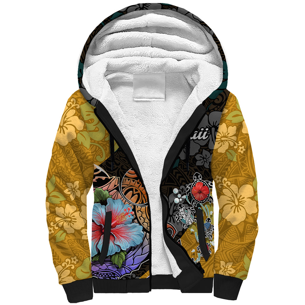 Hawaii Polynesian Sherpa Hoodie Turtles and Hibiscus Flower Gradient Pattern - Wonder Print Shop