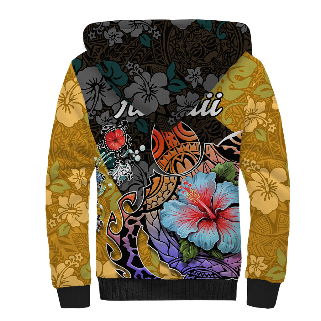 Hawaii Polynesian Sherpa Hoodie Turtles and Hibiscus Flower Gradient Pattern - Wonder Print Shop