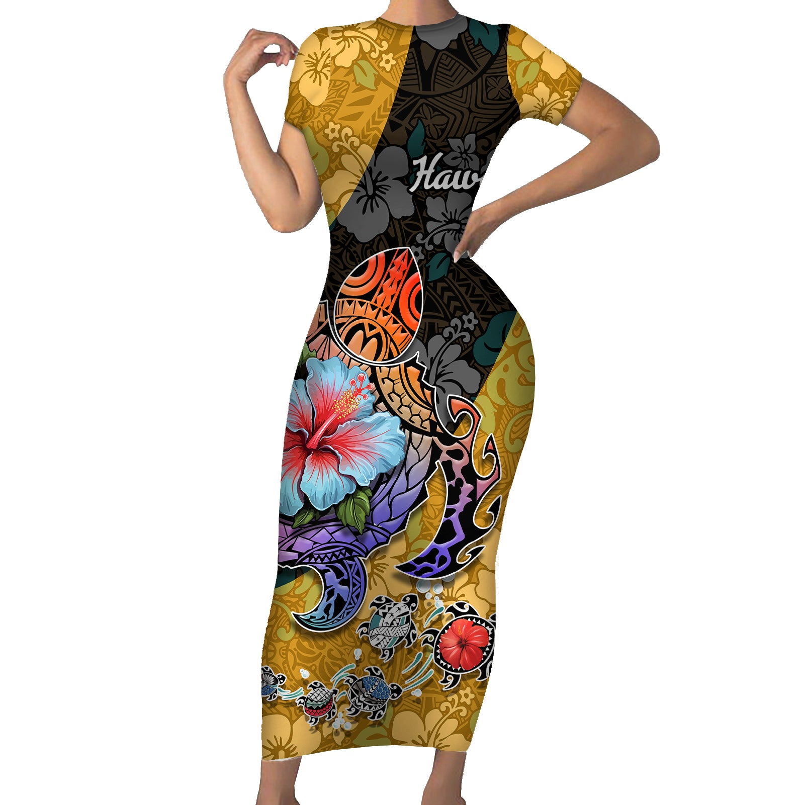Hawaii Polynesian Short Sleeve Bodycon Dress Turtles and Hibiscus Flower Gradient Pattern - Wonder Print Shop