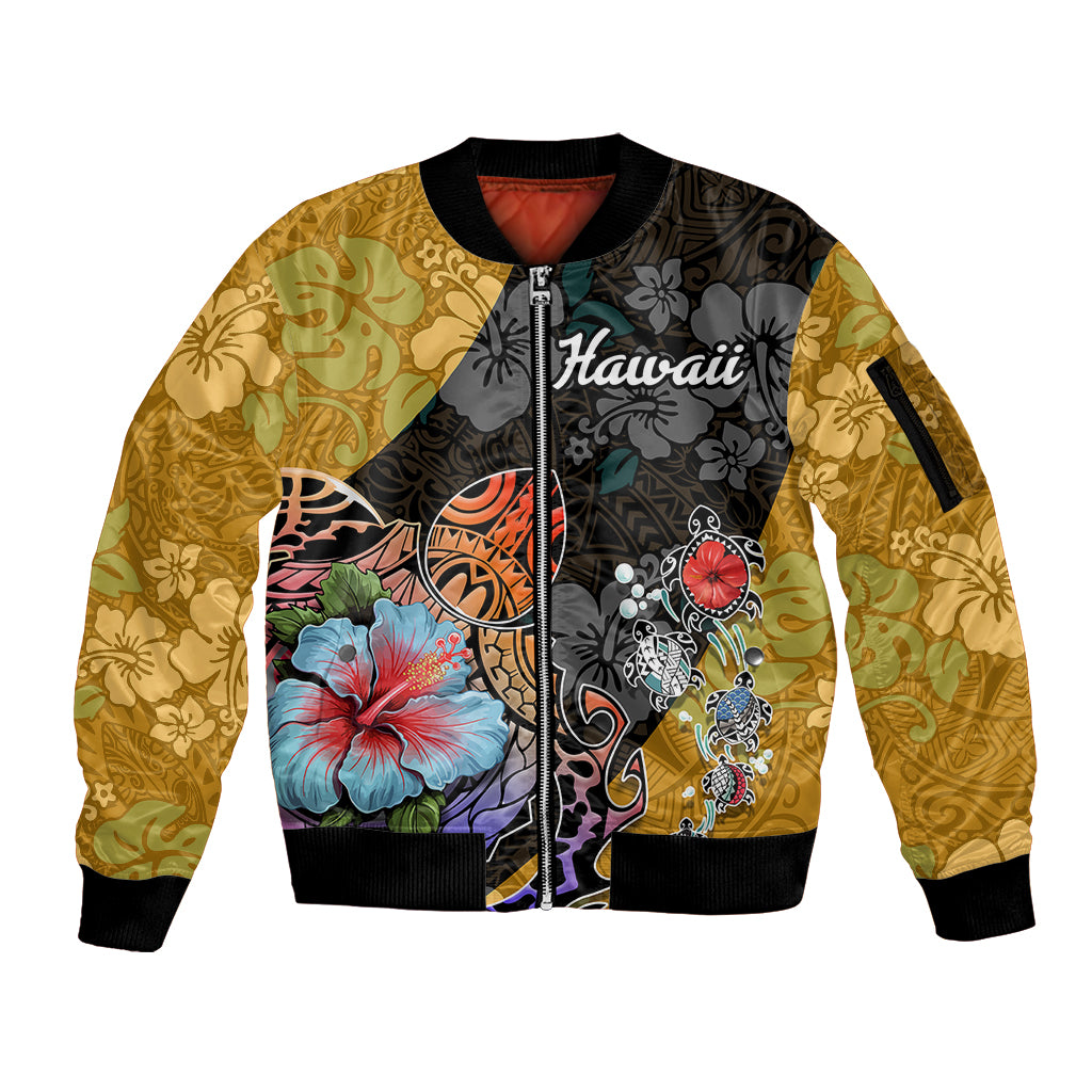 Hawaii Polynesian Sleeve Zip Bomber Jacket Turtles and Hibiscus Flower Gradient Pattern - Wonder Print Shop