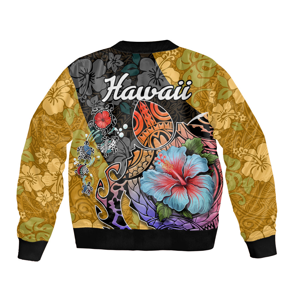 Hawaii Polynesian Sleeve Zip Bomber Jacket Turtles and Hibiscus Flower Gradient Pattern - Wonder Print Shop