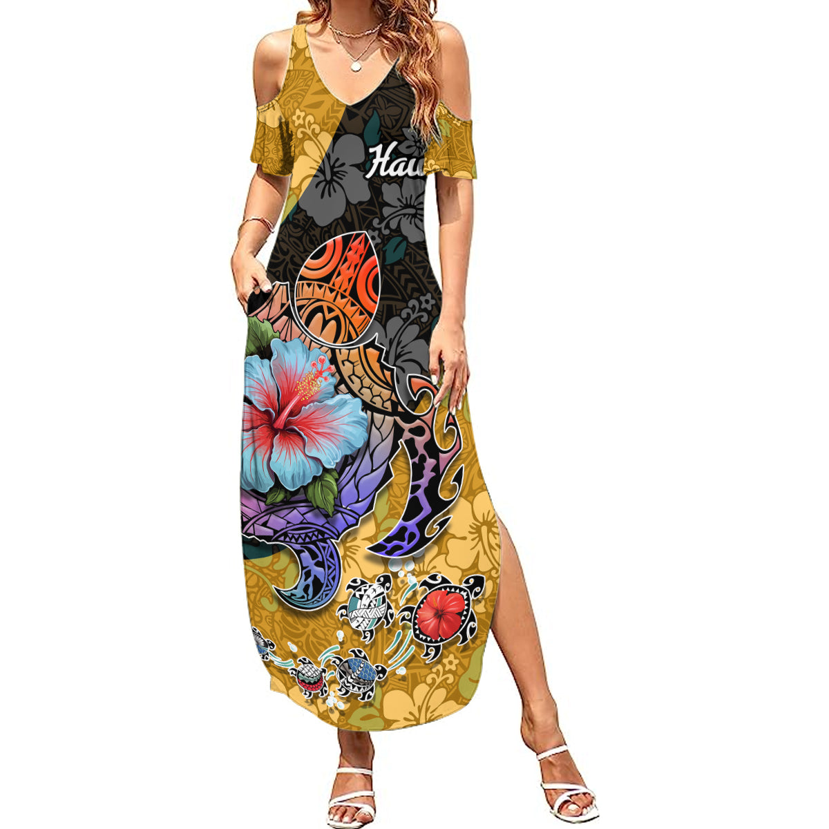 Hawaii Polynesian Summer Maxi Dress Turtles and Hibiscus Flower Gradient Pattern - Wonder Print Shop