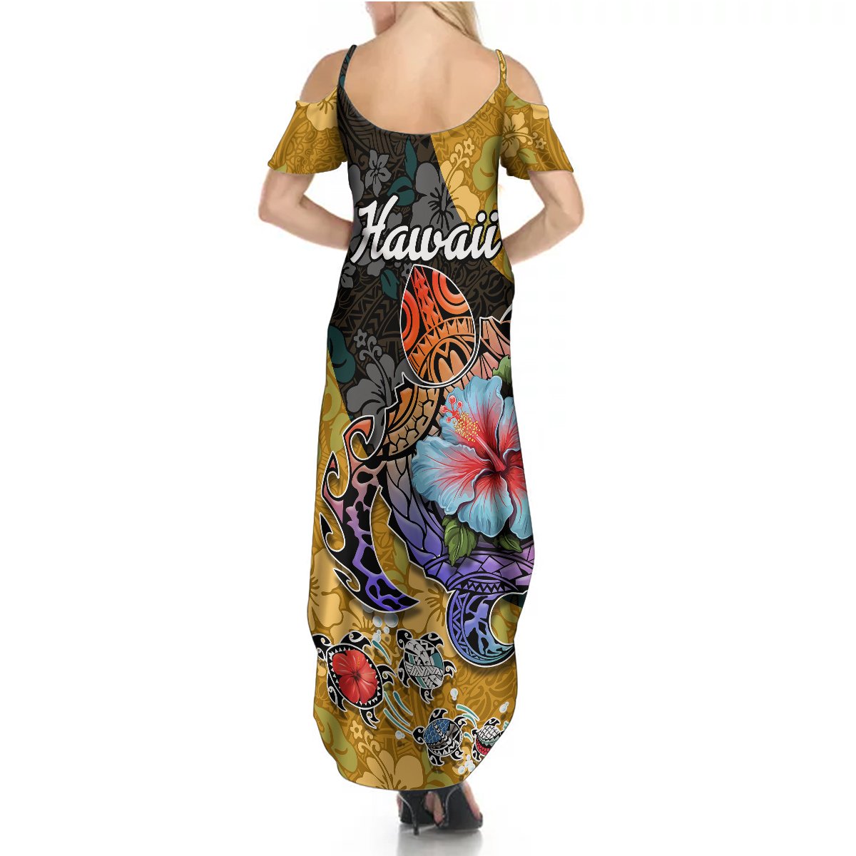 Hawaii Polynesian Summer Maxi Dress Turtles and Hibiscus Flower Gradient Pattern - Wonder Print Shop