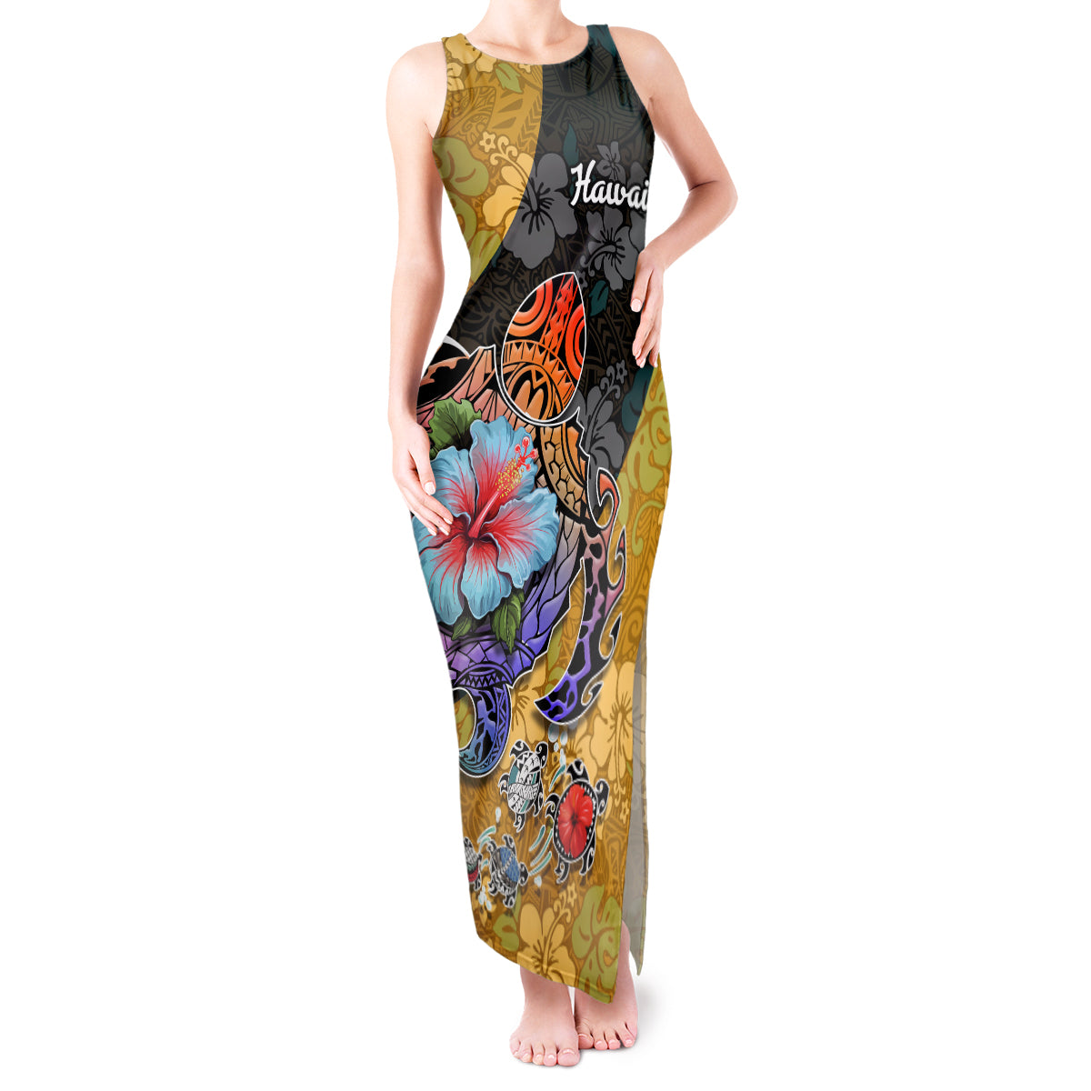 Hawaii Polynesian Tank Maxi Dress Turtles and Hibiscus Flower Gradient Pattern - Wonder Print Shop