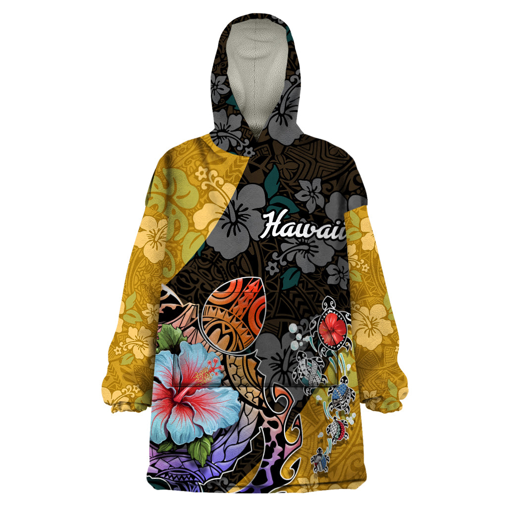 Hawaii Polynesian Wearable Blanket Hoodie Turtles and Hibiscus Flower Gradient Pattern - Wonder Print Shop