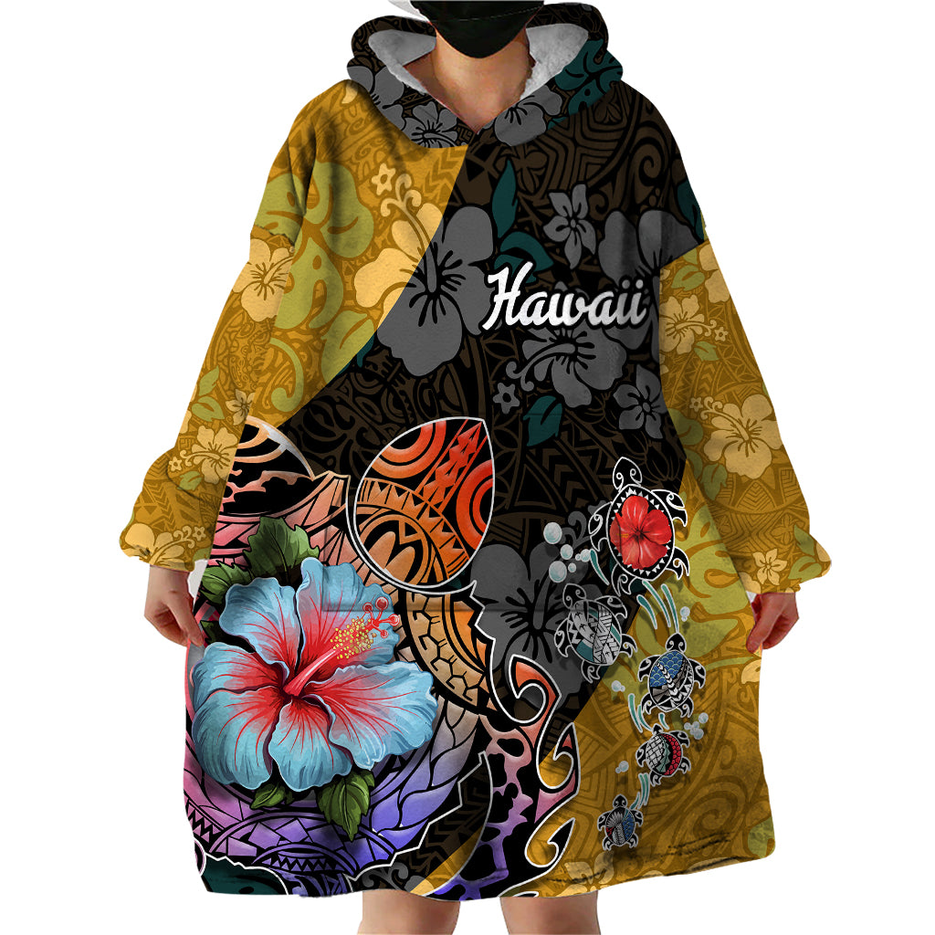 Hawaii Polynesian Wearable Blanket Hoodie Turtles and Hibiscus Flower Gradient Pattern - Wonder Print Shop