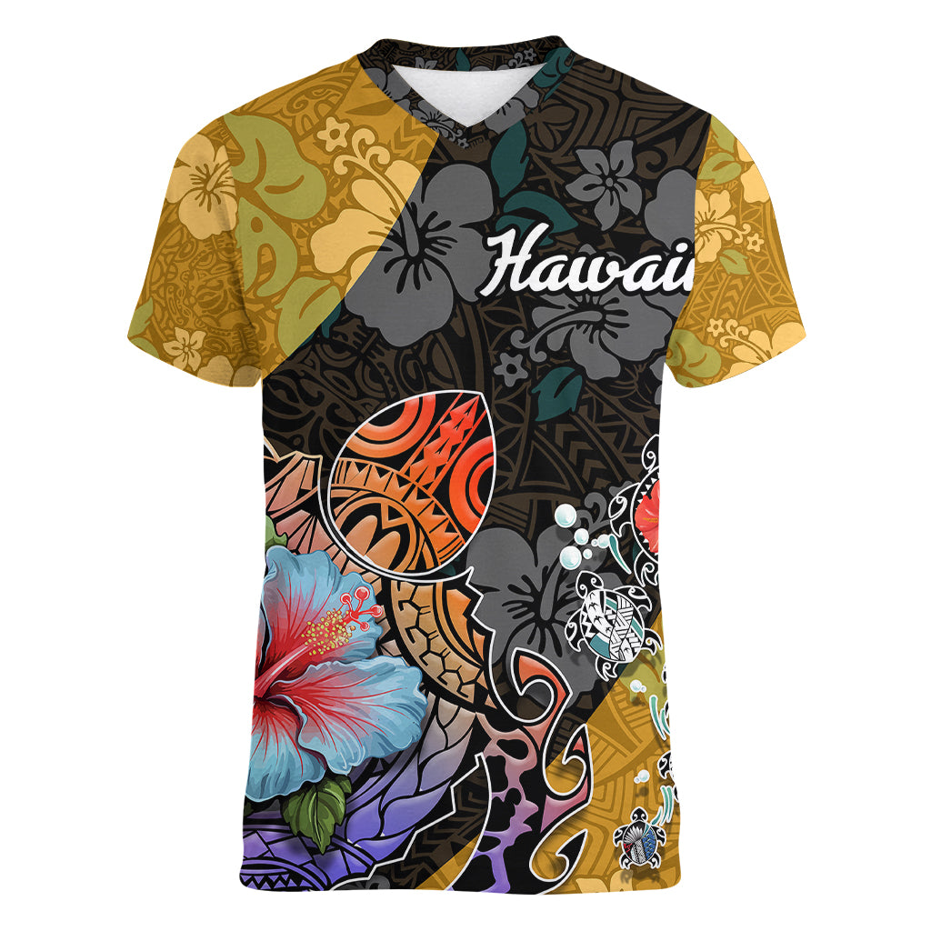 Hawaii Polynesian Women V Neck T Shirt Turtles and Hibiscus Flower Gradient Pattern - Wonder Print Shop
