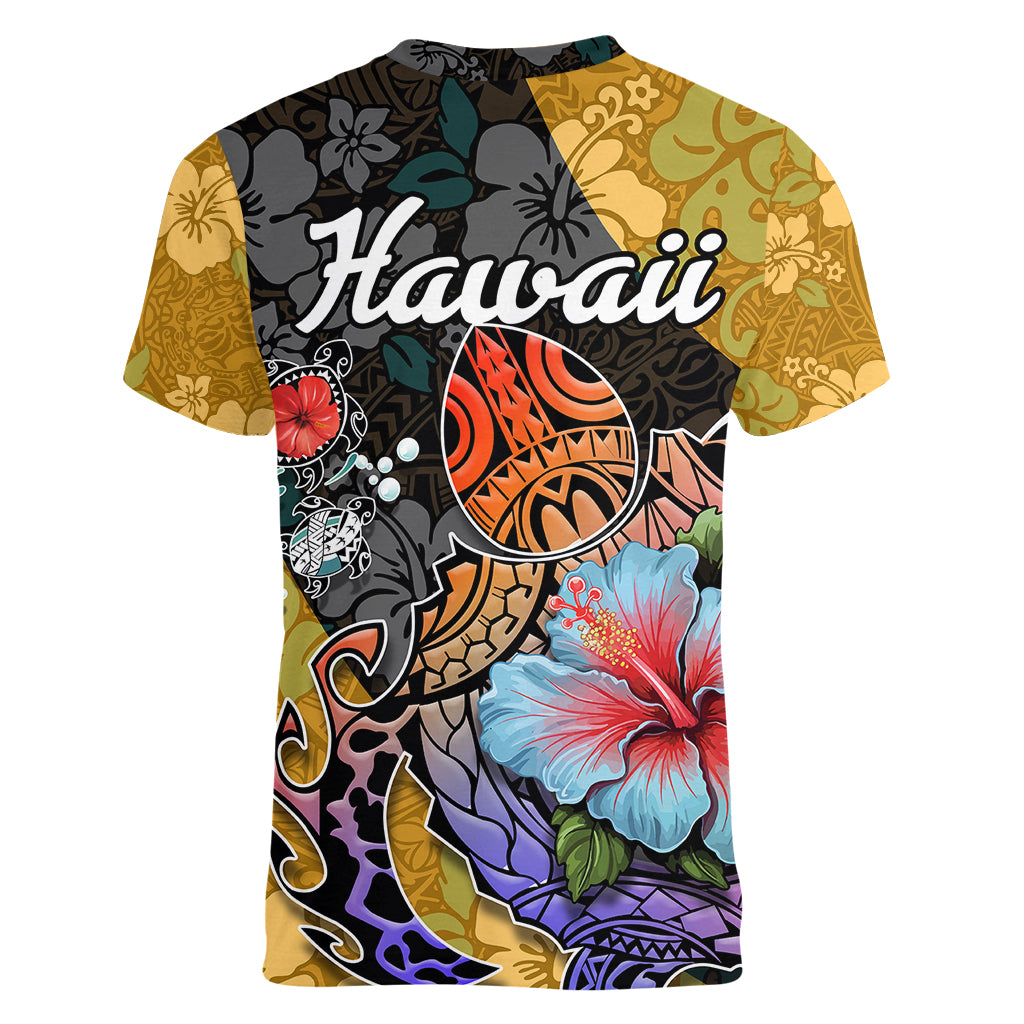 Hawaii Polynesian Women V Neck T Shirt Turtles and Hibiscus Flower Gradient Pattern - Wonder Print Shop