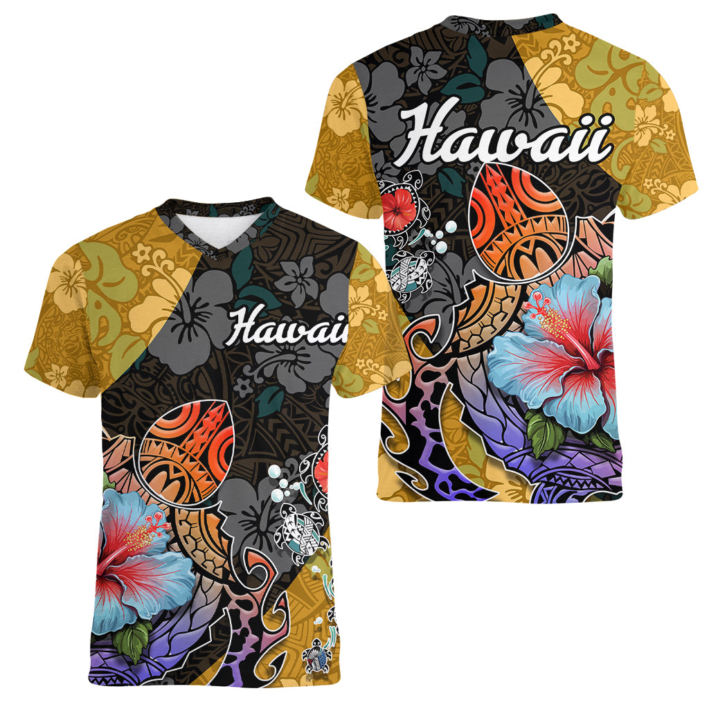 Hawaii Polynesian Women V Neck T Shirt Turtles and Hibiscus Flower Gradient Pattern - Wonder Print Shop