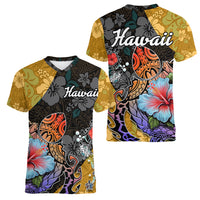 Hawaii Polynesian Women V Neck T Shirt Turtles and Hibiscus Flower Gradient Pattern - Wonder Print Shop