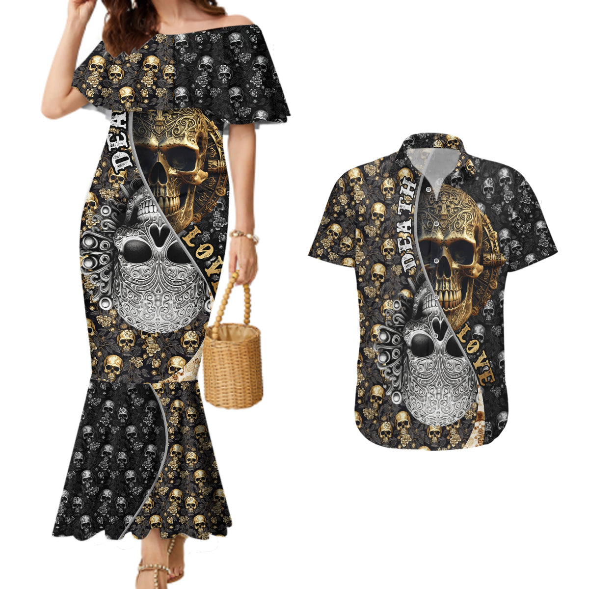 Skull Pattern Couples Matching Mermaid Dress and Hawaiian Shirt Love and Death - Wonder Print Shop