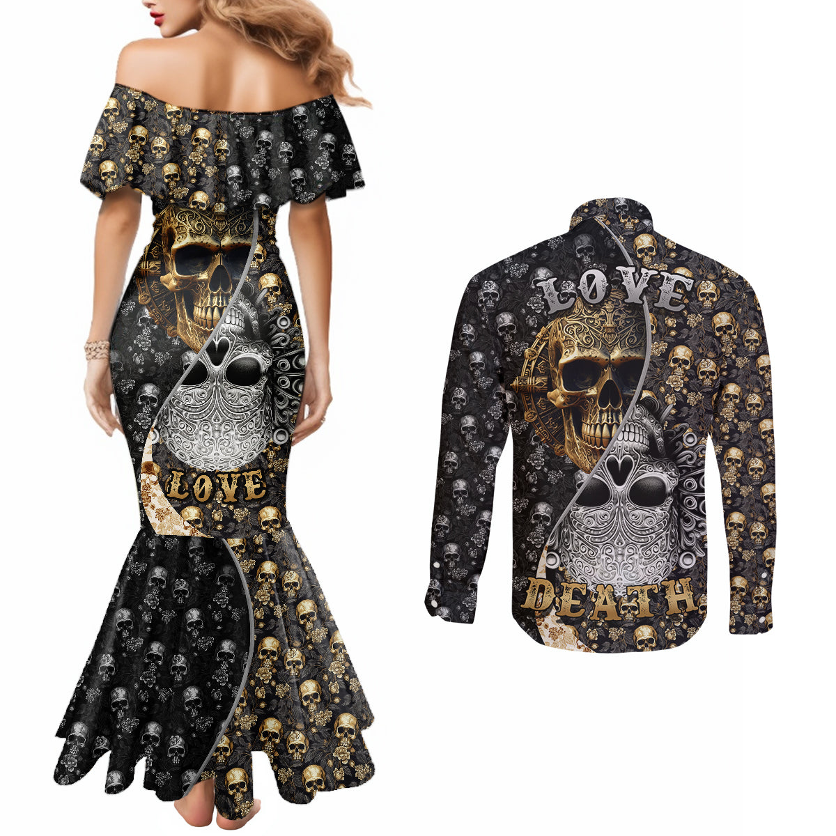 skull-pattern-couples-matching-mermaid-dress-and-long-sleeve-button-shirts-love-and-death