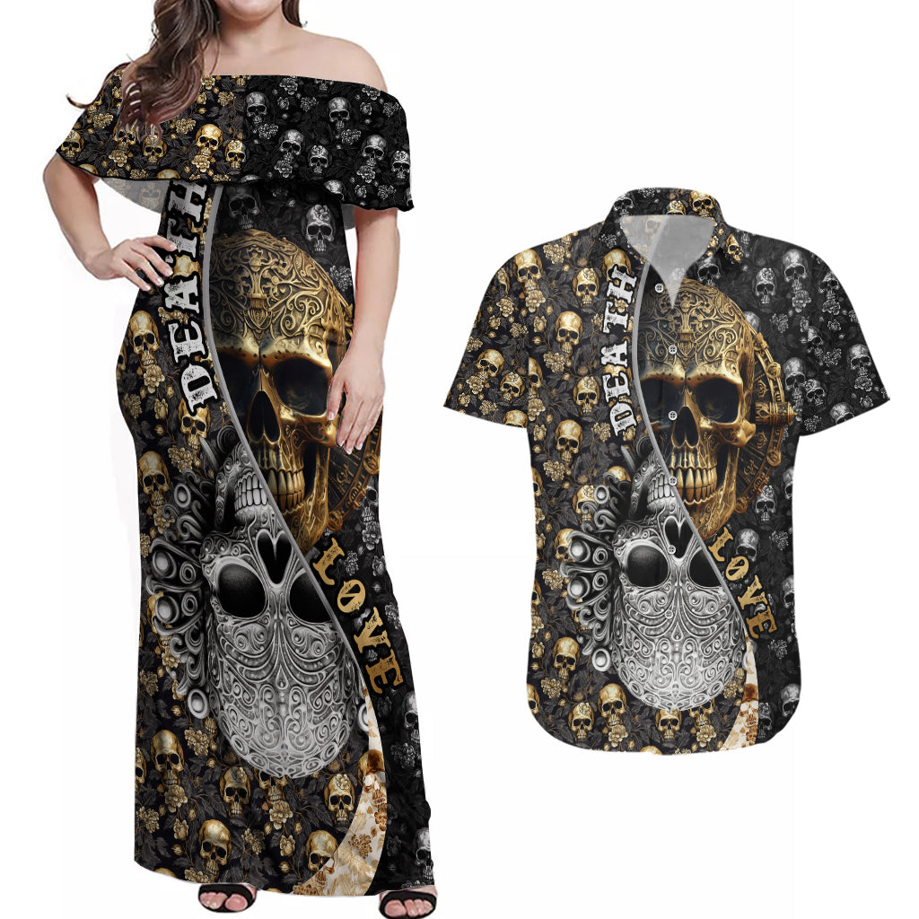 Skull Pattern Couples Matching Off Shoulder Maxi Dress and Hawaiian Shirt Love and Death - Wonder Print Shop